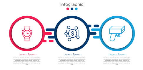 Set line Wrist watch, Stacks paper money cash and Money gun. Business infographic template. Vector