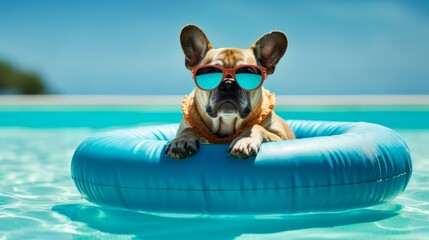 Dog summer inside of a blue inflatable ring and wearing sunglasses. Generative ai