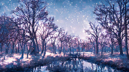 Naklejka na ściany i meble Beautiful Winter Forest Landscape Illustration #6. Generated with A.I. Art.