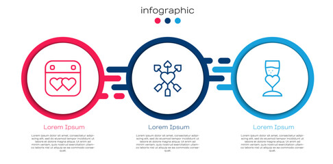 Set line Calendar with heart, Amour and arrow and Glass of champagne. Business infographic template. Vector