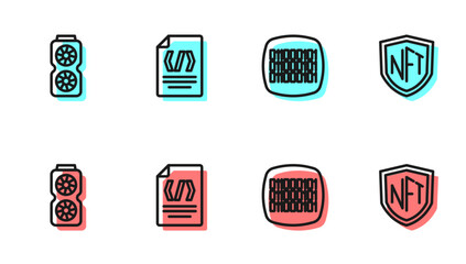 Set line Binary code, Video graphic card, and NFT shield icon. Vector
