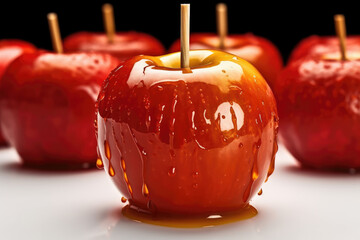 Sweet glazed sweet red caramel apples typical of festa junina with sticks, called Toffee Apples, Generative AI