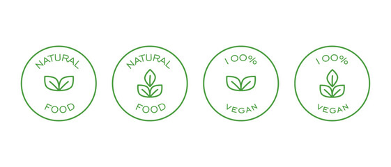 Vegan organic vector icon set. Eco, Organic label, tag. Green leaf logo templates for packaging design