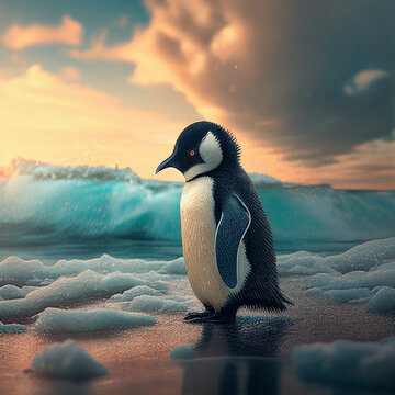 Ilustra&ccedil;&atilde;o IA de um pinguim em uma praia pr&oacute;ximo as ondas. 