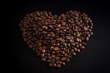 A pile of roasted coffee beans in the shape of a heart isolated on a dark background. AI Generative