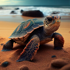 Pequena tartaruga na areia de uma praia