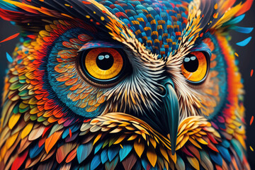 Abstract animal Owl portrait with colorful double exposure paint with Generative AI. © TANATPON