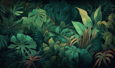 Naklejka na ściany i meble a painting of green leaves and plants in a dark room. generative ai