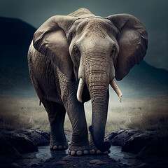 Obraz premium Ilustração de um elefante imponente com um fundo sombrio e escuro, criando um contraste dramático, destacando a força e a majestade desse animal magnífico