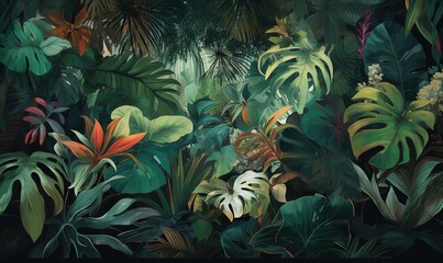  a painting of tropical plants and trees in a jungle setting.  generative ai