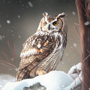 Ave coruja durante um dia de nevasca em cima de um galho