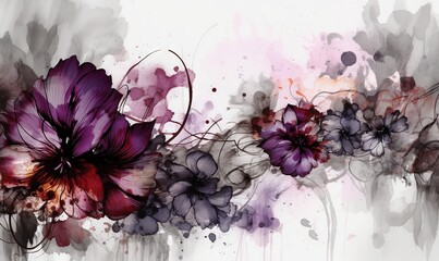  a painting of purple and red flowers on a white background.  generative ai