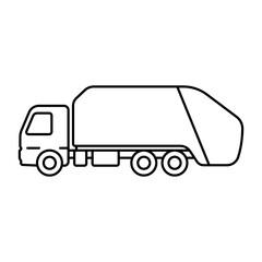 Garbage truck icon. Black contour linear silhouette. Side view. Editable strokes. Vector simple flat graphic illustration. Isolated object on a white background. Isolate.