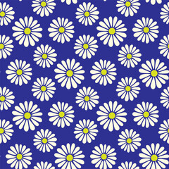 Beautiful small white chamomile flowers isolated on blue background. Cute floral seamless pattern. Vector simple flat graphic illustration. Texture.