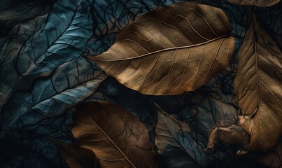  a close up of a leaf on a bed of leaves.  generative ai