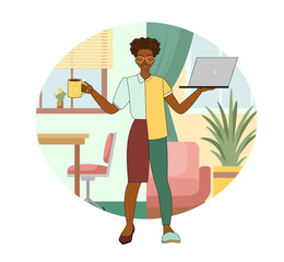 Fototapeta na wymiar Dark-skinned girl in hybrid clothes,formal suit and homemade clothes with laptop in her hands against the backdrop of a working office and home cozy atmosphere.Vector illustration in cartoon style