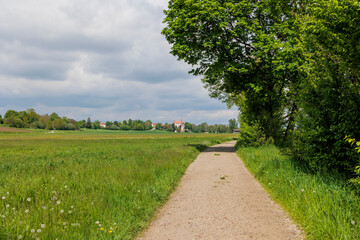Hilly landscape with green meadows and yellow rape fields in Schmutter valley near Augsburg