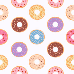 Seamless pattern with colorful donuts. Various types of donuts in glaze and chocolate. Flat vector cartoon illustration.