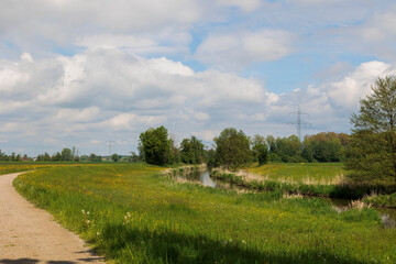 Hilly landscape with green meadows and yellow rape fields in Schmutter valley near Augsburg