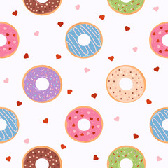 Seamless pattern of donuts with hearts. Repeating elements of sweet pastries. Packaging design for food or cafe. Food vector illustration.