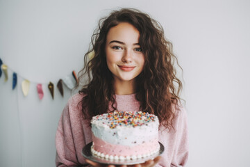 Young brunette woman holding a cake. Generative AI.