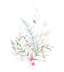 Greenery arrangement watercolor painted. Bouquet with pink flowers, green, blue branches, leaves, butterfly. 