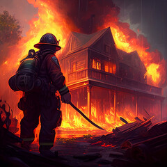 Bombeiro em frente a uma casa em chamas ai generativa