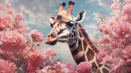 Giraffe Surrounded by Beautiful Flowers in a Muted Pastel Aesthetic with Surrealism Elements - Dreamy Background - Generative AI