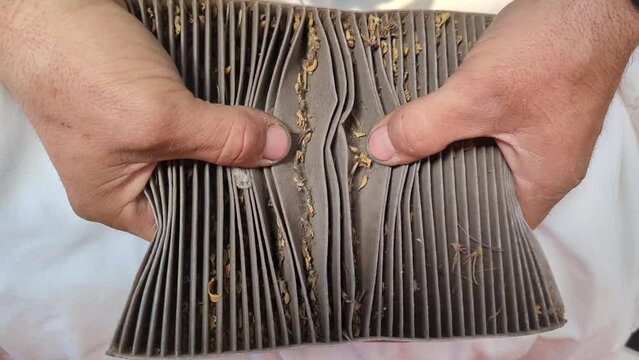 Cabin filter of a car polluted with debris and dust, male hands are holding in their hands. The concept of polluted environment and car maintenance at a car service