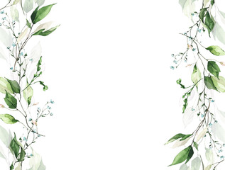 Fototapeta premium Watercolor painted greenery frame template. Bouquet with green, blue branches and leaves. Seamless border