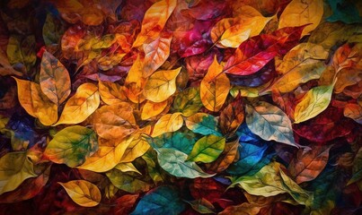  a painting of colorful leaves on a black background with red, yellow, green, and blue colors.  generative ai