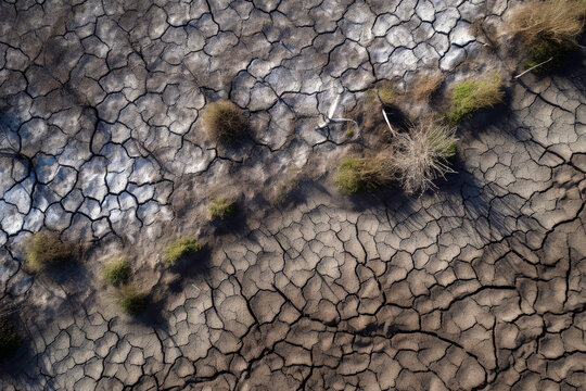 Generative AI illustration of dry swamp with cracked ground due to drought originating from climate change