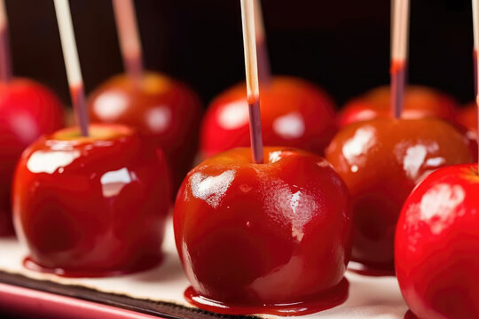 Sweet glazed sweet red caramel apples typical of festa junina with sticks, called Toffee Apples, Generative AI