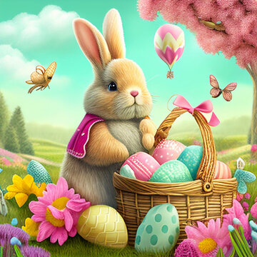 Coelho da p&aacute;scoa com ovos em um cesto
