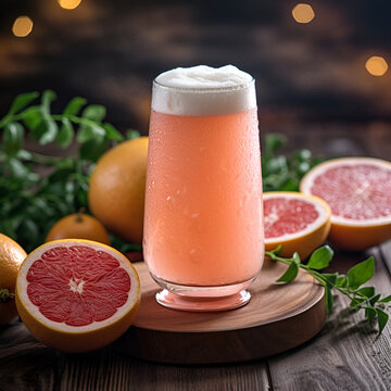Grapefruit beer. Glass of craft citrus beer. Fruit beer in a high glass on a wooden board on wooden background, rustic style. Close up of a juicy grapefruit ale. Generative AI