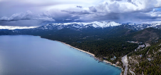 Fototapeta na wymiar Aerial view of East Lake Tahoe by Incline Village on a cloudy day