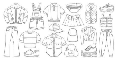 90s fashion doodles set. 2000s style woman clothes collection. Y2k trendy doodle. Retro 90s clothes, shoes, bags. Millennial childhood fashion. 90s and 2000s nostalgia.