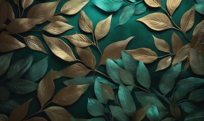  a close up of a green and gold wallpaper with leaves.  generative ai