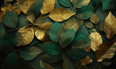 a bunch of green leaves with gold leaves on them on a green background.  generative ai - obrazy, fototapety, plakaty