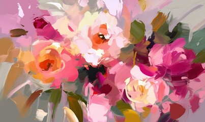  a painting of pink flowers in a vase on a table.  generative ai