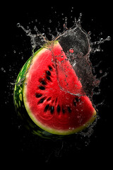Bright juicy watermelon with splashes of water on a black background. Summer mood. Generative AI