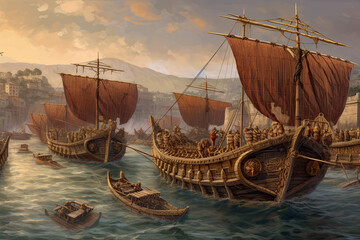  Wooden boats of the ancient Romans setting out to conquer. generative ai.