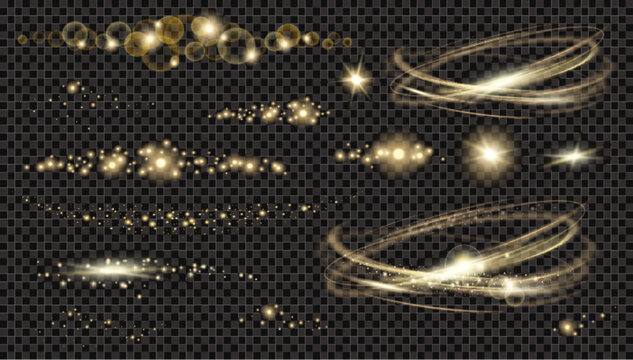 Vector circle light effect with sparkles and  horizontal les flares pack. Golden light flares and laser beams on dark background. Abstract sparkling lines and stars