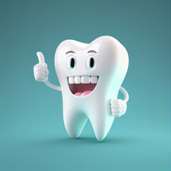 A cartoon illustration of a happy tooth making a thumps up sign - ai generated ia generative in a blue clean background dentist 