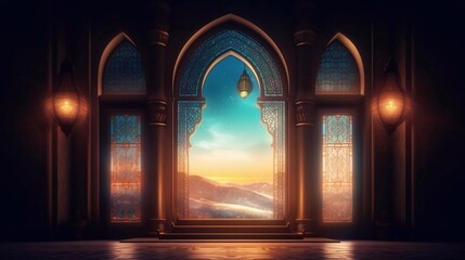  Mosques windows, islamic congratulation card. Aid, Ramadan, Curban celebration banner with place fot text. AI generated