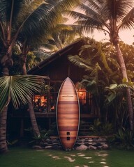  Futuristic surfboard on a beautiful and tropical beach, near a cosy beach shack, noon mood, palm trees, tropical plants. AI generated