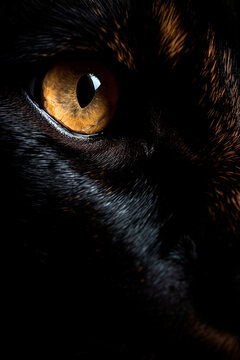 Macro image of the yellow eye of a black panther on a dark background. Generative AI.	
