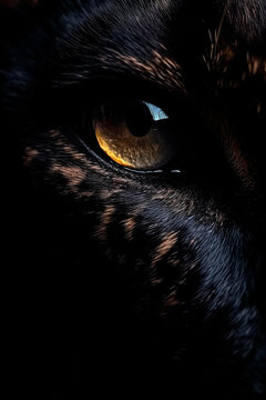Macro image of the yellow eye of a black panther on a dark background. Generative AI.