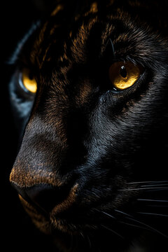 Close-up of a muzzle of a black panther with yellow eyes, portrait on a black background. Generative AI.