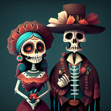 A family of skeletons dressed up for Dia de los Muertos in Mexico ai generated 